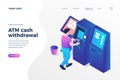 Cash withdrawal isometric landing page template client near ATM entering pin code cartoon character