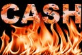 CASH, the word cash EURO is written in creative text on the background of a flame of fire and a black background. Fast credit.