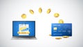 Cashback concept. Golden Coins return to credit card after buying things online. Online shopping with cashback. Vector