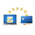 Cashback concept. Golden Coins return to credit card after buying things online. Online shopping with cashback. Vector