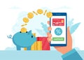 Cashback concept - hand holding a smartphone with app, money goes in a piggybank. Vector illustration in flat style