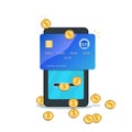 Cashback concept. Loyalty reward program. Flat smartphone with credit card and gold coins isolated on white background.