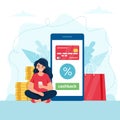 Cashback concept - woman with smartphone, smartphone with credit card on it. Vector illustration in flat style