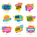 Cashback labels. Cash back banners, return money from purchases, money refund badges, business warranty colorful vector