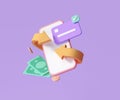 Cashback and money refund icon concept. Wallet, dollar bill and coin stack, online payment on pink background. 3d ender