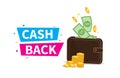 Cashback in wallet. Cashback sale offer emblem. Online shopping partner program. Finance saving concept. Vector illustration