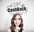 Cashback and a wavy hair woman making hush sign Royalty Free Stock Photo