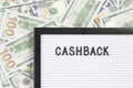 CASHBACK word on white board close up with dollar notes background