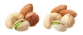 Cashew, almond, pistachio and peeled hazelnut nut set isolated on white background Royalty Free Stock Photo