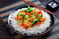 Cashew chicken with vegetables stir-fry, top view Royalty Free Stock Photo