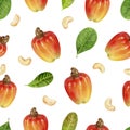 Cashew hand drawn watercolor illustration. Seamless pattern.