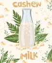 Cashew healthful organic, lactose-free milk in bottle glass. Milk for vegetarians. Non dairy, plant based beverages