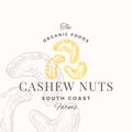 Cashew Logo Template. Hand Drawn Nuts Sketch with Retro Typography. Premium Plant Based Vegan Food Badge Emblem Isolated