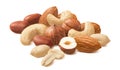 Cashew nuts, almond, hazelnut and blanched peanuts isolated on white background