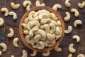 Cashew nuts peeled raw in wooden bowl, top view