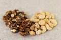 Cashew nuts and walnuts in the form of hearts Royalty Free Stock Photo