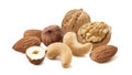 Cashew, walnut, hazelnut and almond nuts isolated on white background. Trail mix