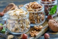 Cashews and walnuts in glass jars. Royalty Free Stock Photo