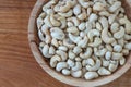 Cashews in a wooden bowl. Nuts are healthy food. Wooden background. Cashew kernel.