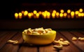 cashews in yellow bowl on wooden surface generative AI