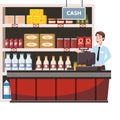 Cashier behind the cashier counter in the interior supermarket, shop, store, shelves food products, goods. Vector Royalty Free Stock Photo