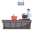 Cashier behind the cashier counter in the supermarket, shop, store with a basket full of groceries. Vector, illustration