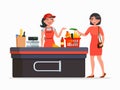 Cashier and buyer at the supermarket vector flat illustration isolated on white background. Woman purchasing products