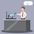 Cashier at the checkout counter with cash register and cash register in the supermarket, cartoon style, vector, illustration, isol