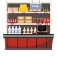 Cashier counter in the interior supermarket, shop, store, shelves food products, goods. Vector, illustration, cartoon Royalty Free Stock Photo