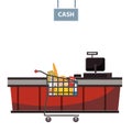 Cashier counter in the supermarket, shop, store with grocery cart full of groceries. Vector, illustration, cartoon style