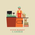 Cashier man smiles and standing in supermarket. Royalty Free Stock Photo