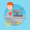 Cashier standing at the checkout in supermarket. Royalty Free Stock Photo