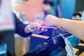 Cashier take banknote from consumer hand. Hand Paying Money To Worker In Coffee shop. Saleswoman receiving payment from male Royalty Free Stock Photo