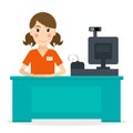 Cashier woman character at the counter.