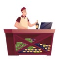 Cashier working at counter in alcohol shop. Wine store with table with shelf full of bottles, compter on desk vector