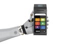 Cashless payment with robot hand holding credit card reader isolated Royalty Free Stock Photo