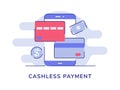 Cashless payment smartphone credit debit card bank money dollar white isolated background with flat outline style Royalty Free Stock Photo
