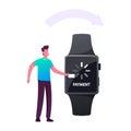 Cashless Payment Transaction. Man Customer Use Smart Watch for Noncontact Paying in Supermarket Store