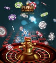 Casino advertising with roulette and elements of casino games on a blue background. 3D vector. High detailed realistic