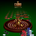 Casino advertising with roulette and elements of casino games on a green background. 3D vector. High detailed realistic