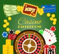 Casino background banner vector illustration. Includes roulette, casino chips, playing cards, winning jackpot. Sack of Royalty Free Stock Photo