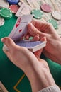 Casino background, cards and ace of dollars and poker chips. Gaming business, success Royalty Free Stock Photo