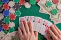 Casino background, cards dollars and chips on a poker table. Gaming business, success Royalty Free Stock Photo