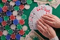 Casino background, cards dollars and chips on a poker table. Gaming business, success Royalty Free Stock Photo
