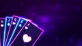 Casino background design with neon playing cards on purple background