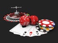 Casino background with dice, cards, roulette and chips. isolated Black, 3d Illustration Royalty Free Stock Photo