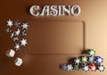 Casino background dice and chips. Online casino table concept with place for text. Top view of white dice and chips on Royalty Free Stock Photo