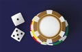 Casino background dice and chips. Top view of dice and chips on blue background. Online casino table concept with place Royalty Free Stock Photo