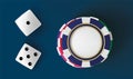 Casino background dice and chips. Top view of dice and chips on blue background. Online casino table concept with place Royalty Free Stock Photo
