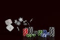 Casino background dice and chips. White dice and chips on black background. Online casino concept with place for text Royalty Free Stock Photo